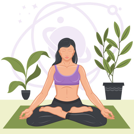 Vector design of woman meditating in lotus flower position, woman doing yogのイラスト素材