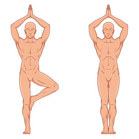Vector design of man doing fitness and pilates exercise, man meditating doing yogaのイラスト素材