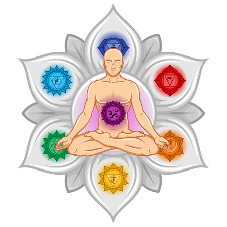 Vector design of man meditating in lotus flower position with chakra symbol