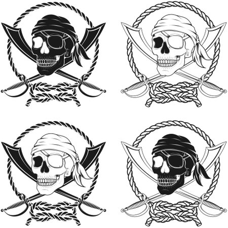 Vector illustration of a pirate skull with two swords surrounded by intertwined rope, grayscaleのイラスト素材