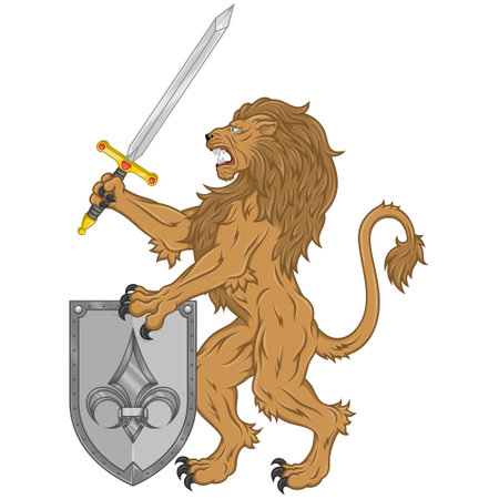 Vector design of rampant lion with sword and shield, heraldic symbol of European Middle Agesのイラスト素材