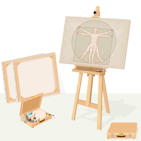 Vector design of an art studio, easel with vintage artwork, Vitruvian Man classic artwork on canvasのイラスト素材