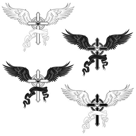 Vector design of winged cross with ribbon, heavenly cross with wings, Christian symbology of paradiseのイラスト素材