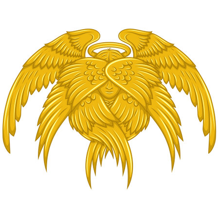 Vector design of seraph with six wings, angelic face of catholic religion, archangel with halo and feathersのイラスト素材