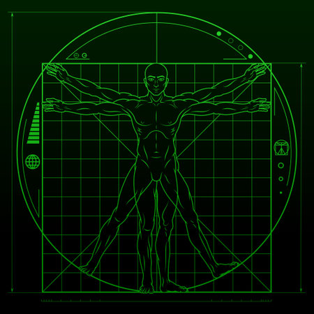 Vector design of cartoon style Vitruvian man, Study of the ideal proportions of the human body, Canon of human proportions with science fiction backgroundのイラスト素材