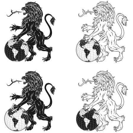 Vector design of rampant lion with the planet between its paws, heraldic lion with earth sphere, heraldic symbol of the European Middle Agesのイラスト素材