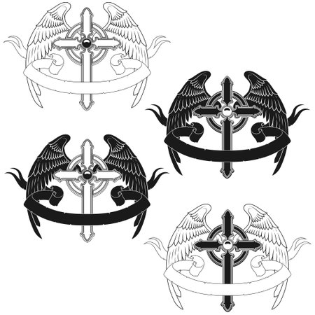Vector design of winged cross with ribbon, heavenly cross with wings, Christian symbology of paradiseのイラスト素材