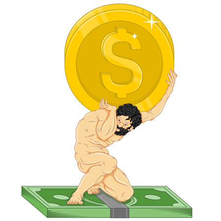 Vector design of Titan Atlas holding a dollar coin on his shoulders, Greek mythology titan with cashのイラスト素材