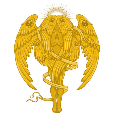 Vector design of praying angel with a halo, seraph with six wings surrounded with a ribbon, archangel with a halo and feathers, angel of the catholic religionのイラスト素材