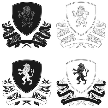 Vector design of heraldic shield of the Middle Ages, noble shield of the European monarchy with rampant lion, laurel wreath and ribbonのイラスト素材