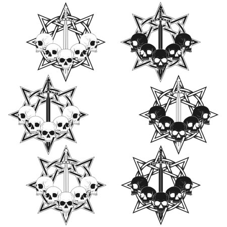Illustration of skulls with sword and 8-pointed star in the background, traditional art, grayscaleのイラスト素材