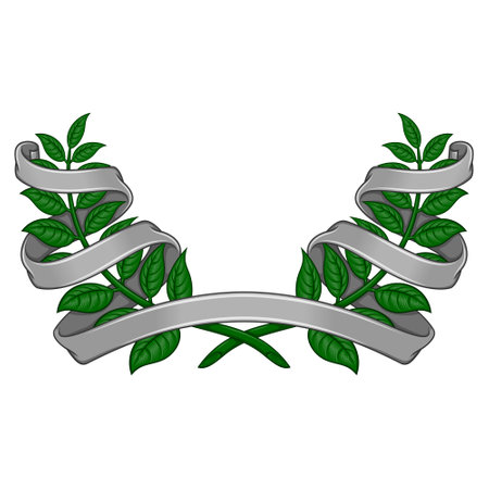 Vector design of laurel wreath surrounded by ribbon, two olive branches decorated with ribbonのイラスト素材