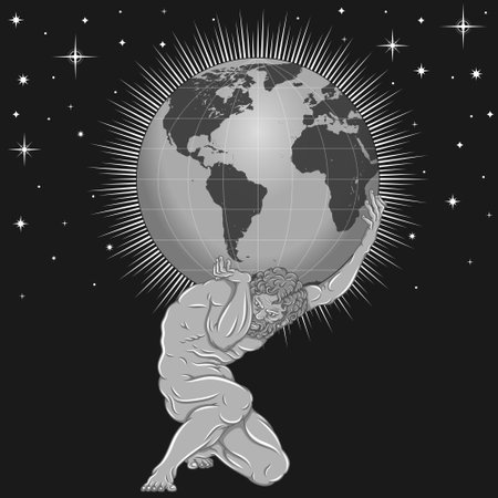 Vector design of titan Atlas holding planet earth on his shoulders, titan from greek mythology holding earth sphere with starry backgroundのイラスト素材