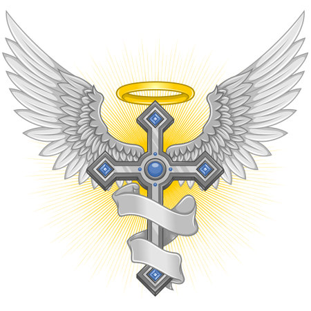 Vector design of winged cross with ribbon, heavenly cross with wings, Christian symbology of paradiseのイラスト素材