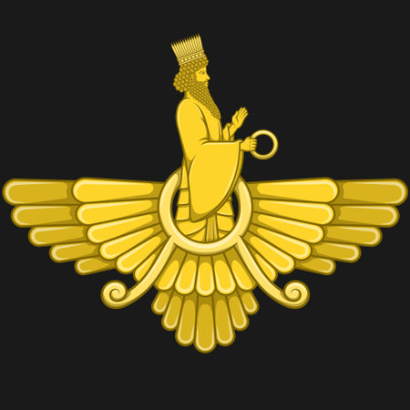Vector design of Faravahar symbol, Symbol side of Zoroastrianism where it shows Ahura Mazdaのイラスト素材