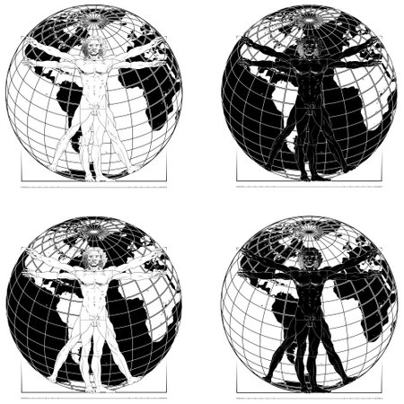 Vector design of Leonardo da Vinci's Vitruvian Man, Study of the Ideal Proportions of the Human Body, with planet Earth in the backgroundのイラスト素材