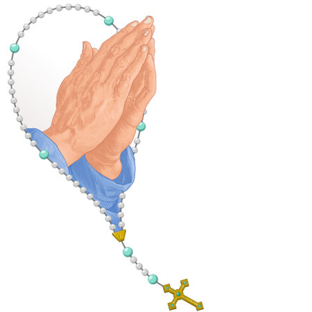 Vector design of praying hands with christian rosary, symbol of catholic religionのイラスト素材