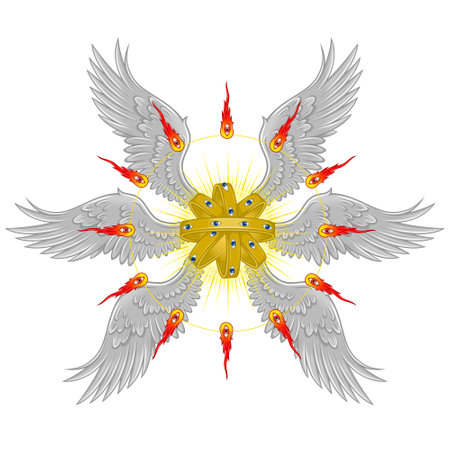 Vector design of throne type angel of Christian theology. Biblical angel with six wings. Catholic Archangel with Halo and Feathers, Throne of Winged Godのイラスト素材