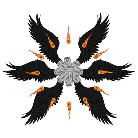 Vector design of throne type angel of Christian theology. Biblical angel with six wings. Catholic Archangel with Halo and Feathers, Throne of Winged Godのイラスト素材