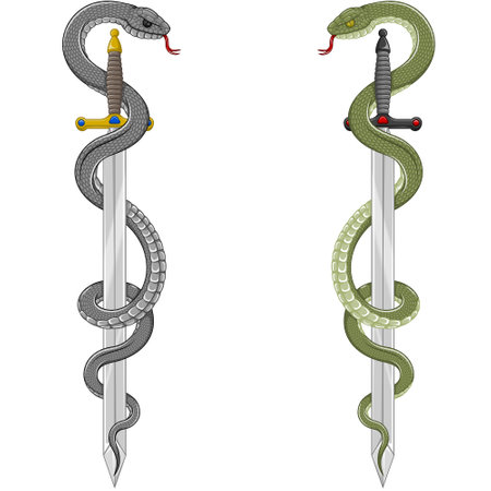 Vector design of European medieval sword with snake, Ancient sword surrounded by a snakeのイラスト素材