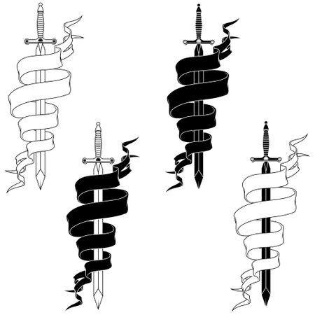 European medieval sword vector design,Ancient sword surrounded by heraldic ribbonのイラスト素材