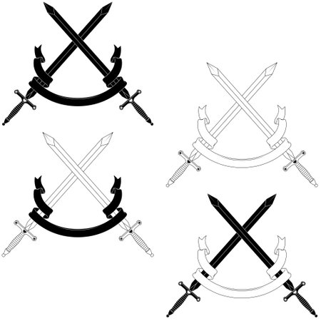 European medieval sword vector design, Medieval swords encircled with heraldic ribbonのイラスト素材