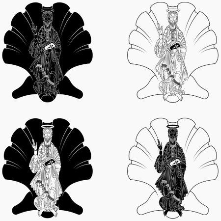 Vector design Saint James the Apostle holding a bible, with the symbol of a sea shell, Christian art from the middle agesのイラスト素材
