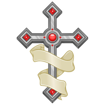 Vector design of Christian cross with ribbon, symbol of the Catholic religion, Christian cross with diamonds and ribbonのイラスト素材