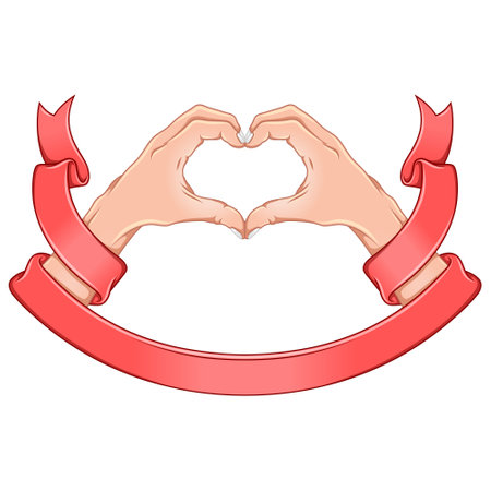 Vector design of hands forming a heart as a symbol of love surrounded by ribbonのイラスト素材