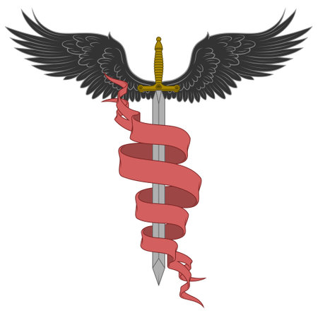 European medieval sword vector design, winged sword surrounded by heraldic ribbonのイラスト素材