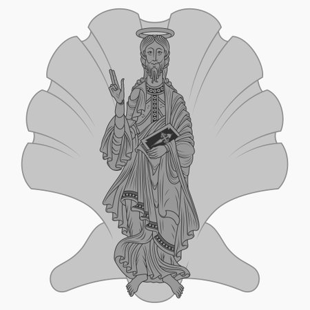 Vector design Saint James the Apostle holding a bible, with the symbol of a sea shell, Christian art from the middle agesのイラスト素材