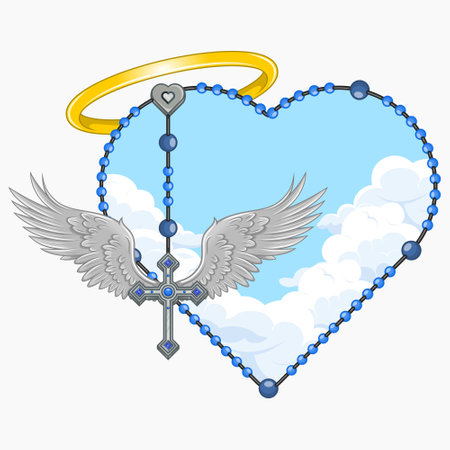 Vector design of winged cross with heart-shaped rosary, heart-shaped rosary with wings, symbology of the Catholic religionのイラスト素材