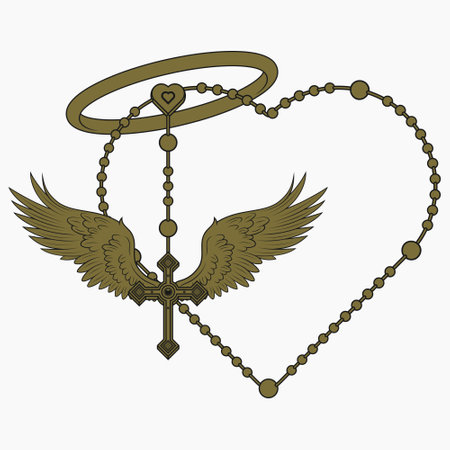 Vector design of winged cross with heart-shaped rosary, heart-shaped rosary with wings, symbology of the Catholic religionのイラスト素材