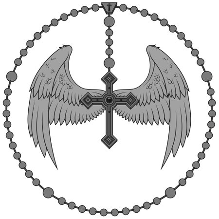 Vector design of winged cross with Christian rosary, heavenly cross with wings, symbology of the Catholic religionのイラスト素材