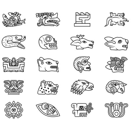Vector design of symbols of ancient Aztec Civilization, hieroglyphs of the Aztec calendarのイラスト素材