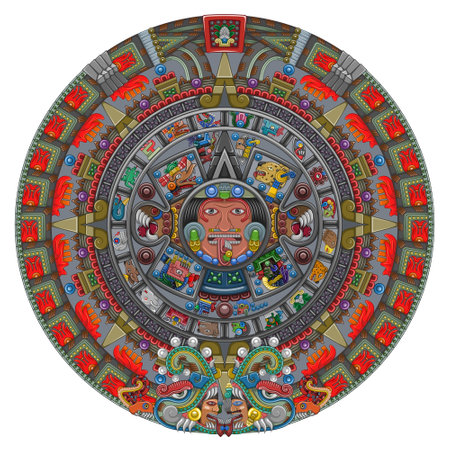 Vector design of Aztec calendar, monolithic disk of the ancient Mexica, sun stone of the Aztec civilizationのイラスト素材