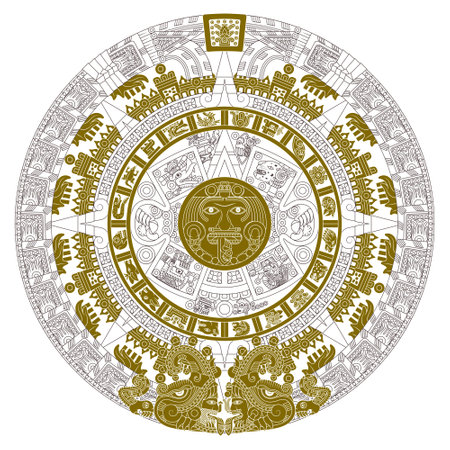 Vector design of Aztec calendar, monolithic disk of the ancient Mexica, sun stone of the Aztec civilizationのイラスト素材