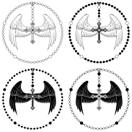 Vector design of winged cross with Christian rosary, heavenly cross with wings, symbology of the Catholic religionのイラスト素材