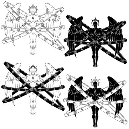 Vector design of praying angel with hoops, angelic throne of catholic religion, archangel with haloのイラスト素材