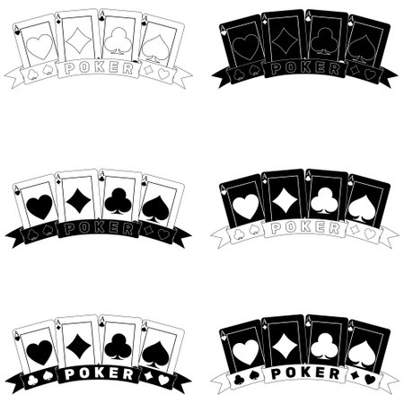 vector design of poker cards with ribbons, poker symbols of heart, diamond, clover and aceのイラスト素材
