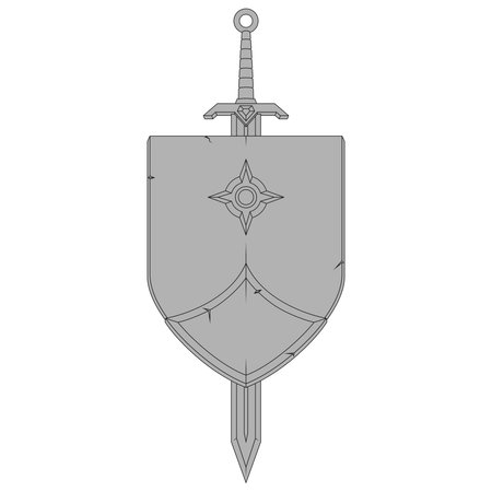 Classic medieval shield crossed by a steel sword in European heraldic style. Historical design ideal for concepts of protection, honor, chivalry, royal heraldry, and ancient emblemsのイラスト素材