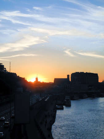 Beautiful sunset ander car route along the river. Kiev cityscapeの写真素材