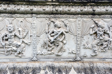 Ramayana Bas Relief on Wall of Fence at Wat Panan Choeng Temple in Ayutthaya Thailand の写真素材