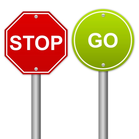 Positive Go Sign With Negative Stop Sign Isolated on Whiteの写真素材