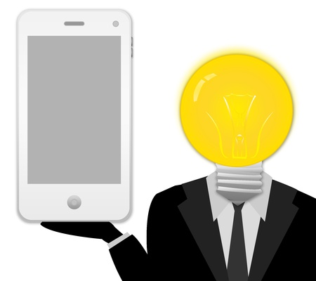 The Bulb Head Businessman Showing White Mobile Phone on Hand With Blank Screen Isolated on White Background の写真素材
