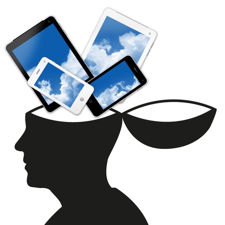 The Open Minded Model With Smart Phone on Head Isolated on White Background の写真素材