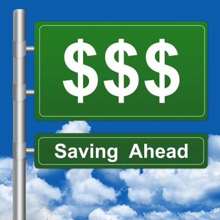 Green Dollar Saving Ahead Highway Street Sign With Blue Sky Background の写真素材