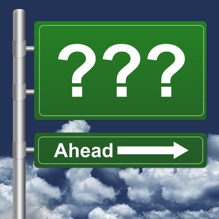 Question Mark Ahead Highway Street Sign on Blue Sky Background の写真素材