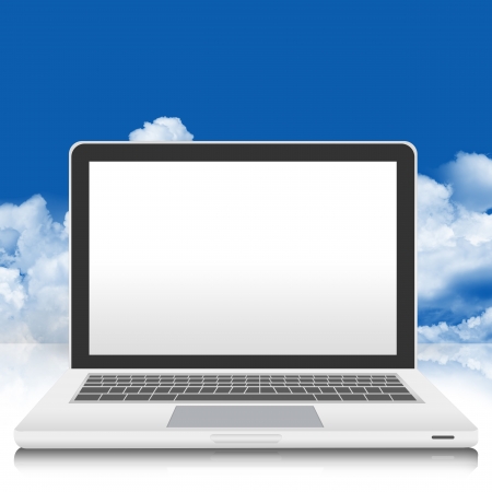 The Computer Notebook With Blue Sky Background and White Space For Text Message in The Screen の写真素材