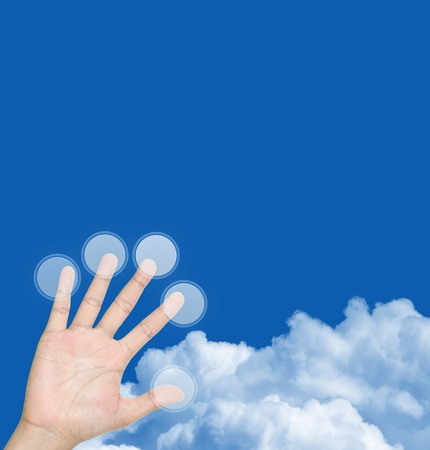 The Finger Pressing on Blank Touch Screen Monitor Button With Blue Sky Background and Some Space for Writing Your Own Text Message の写真素材